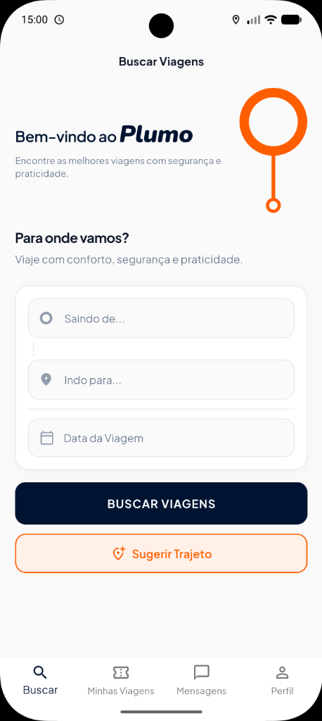 Tela de busca de viagens do app Plumo